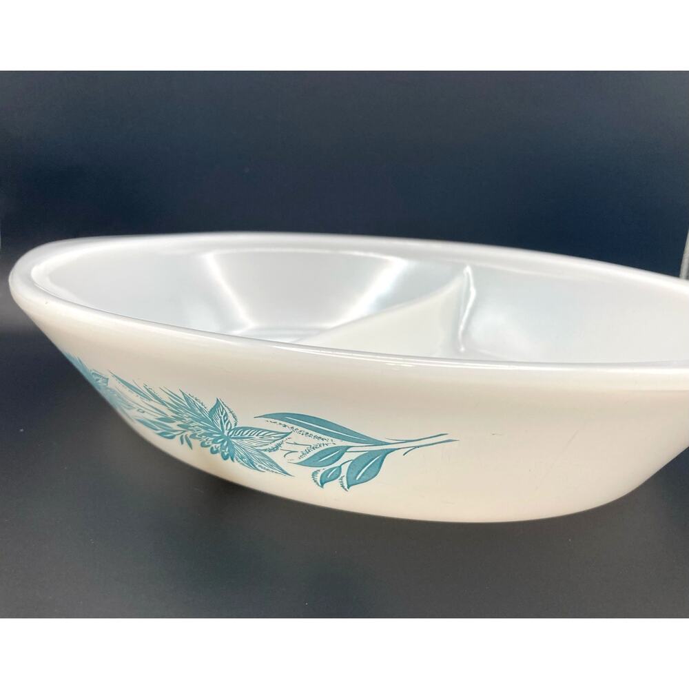 Vintage Glasbake Milk Glass Divided Casserole Dish Wheat Blue White